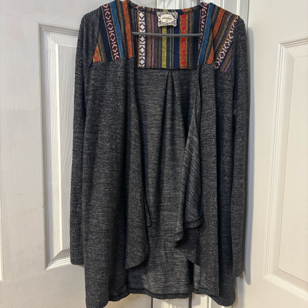 Skonhet Gray Long Sleeve Open Front Boho Aztec Tunic Top Cardigan Size XL